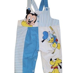 Vintage Disney Baby Shortall Romper Blue Patchwork Mickey Donald Pluto 90s